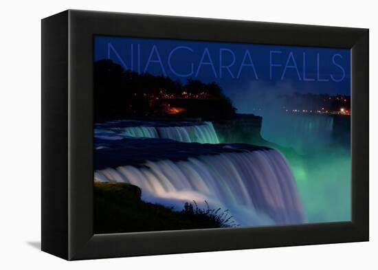 Niagara Falls - Falls and Green Lights at Night-Lantern Press-Framed Stretched Canvas