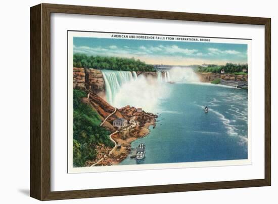 Niagara Falls - International Bridge View of American and Horseshoe Falls-Lantern Press-Framed Art Print