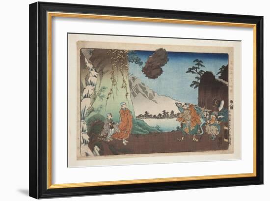 Nichiren and the Levitating Rock at Mount Komuro on the 28Th Day of the Fifth Month of 1274 (Bun'ei-Utagawa Kuniyoshi-Framed Giclee Print