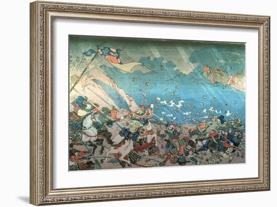 Nichiren Summoning the Divine Shinpu Wind to Destroy the Mongol-Chinese Fleet Attacking Japan in…-Kuniyoshi Utagawa-Framed Giclee Print