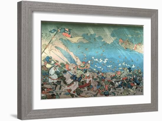 Nichiren Summoning the Divine Shinpu Wind to Destroy the Mongol-Chinese Fleet Attacking Japan in…-Kuniyoshi Utagawa-Framed Giclee Print