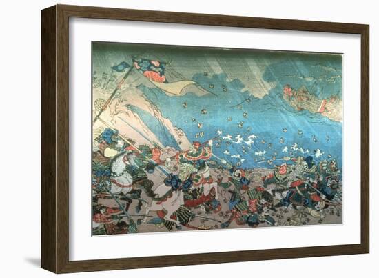 Nichiren Summoning the Divine Shinpu Wind to Destroy the Mongol-Chinese Fleet Attacking Japan in…-Kuniyoshi Utagawa-Framed Giclee Print