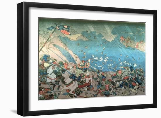 Nichiren Summoning the Divine Shinpu Wind to Destroy the Mongol-Chinese Fleet Attacking Japan in…-Kuniyoshi Utagawa-Framed Giclee Print