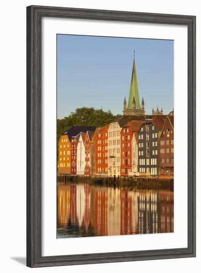 Nidaros Cathedral and Old Fishing Warehouses Reflected in the River Nidelva-Doug Pearson-Framed Photographic Print