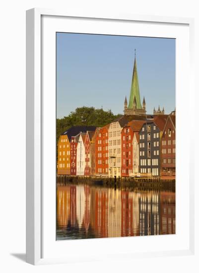 Nidaros Cathedral and Old Fishing Warehouses Reflected in the River Nidelva-Doug Pearson-Framed Photographic Print