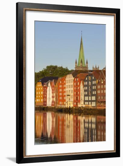 Nidaros Cathedral and Old Fishing Warehouses Reflected in the River Nidelva-Doug Pearson-Framed Photographic Print