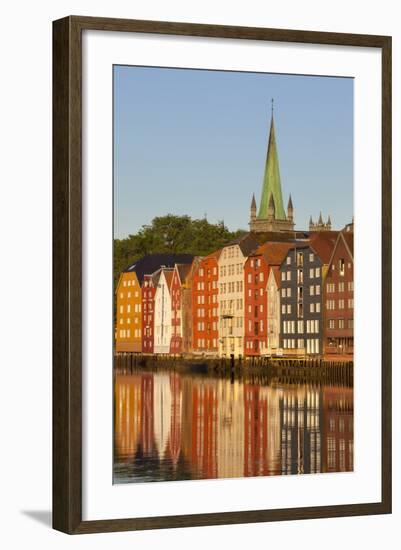 Nidaros Cathedral and Old Fishing Warehouses Reflected in the River Nidelva-Doug Pearson-Framed Photographic Print