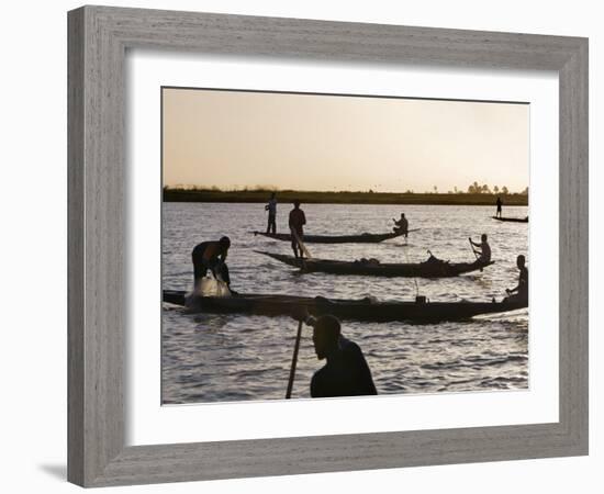 Niger Inland Delta, at Dusk, Bozo Fishermen Fish with Nets in the Niger River Just North of Mopti, -Nigel Pavitt-Framed Photographic Print