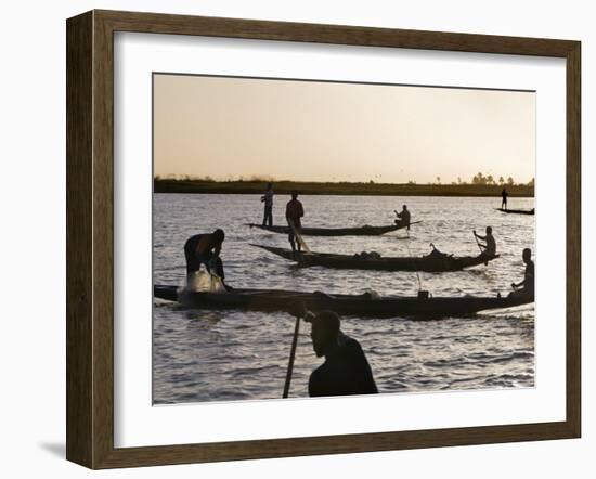 Niger Inland Delta, at Dusk, Bozo Fishermen Fish with Nets in the Niger River Just North of Mopti, -Nigel Pavitt-Framed Photographic Print