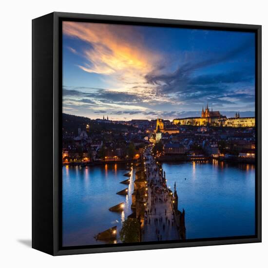 Night Aerial View of Prague Castle and Charles Bridge over Vltava River in Prague, Czech Republic.-f9photos-Framed Premier Image Canvas