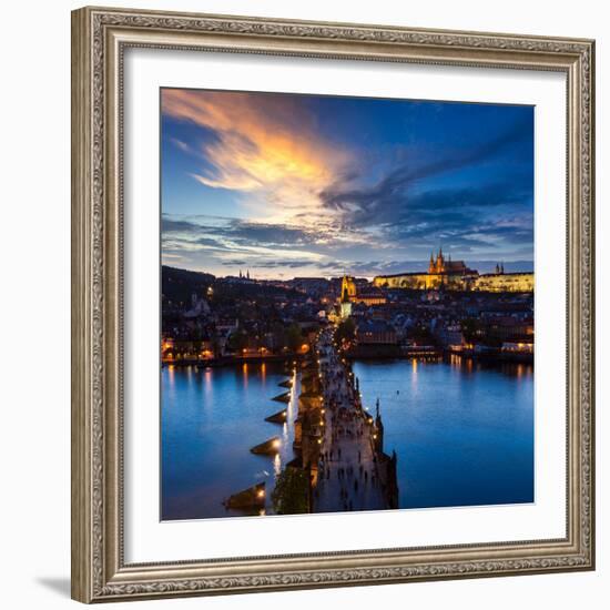 Night Aerial View of Prague Castle and Charles Bridge over Vltava River in Prague, Czech Republic.-f9photos-Framed Photographic Print