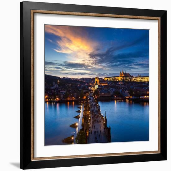 Night Aerial View of Prague Castle and Charles Bridge over Vltava River in Prague, Czech Republic.-f9photos-Framed Photographic Print