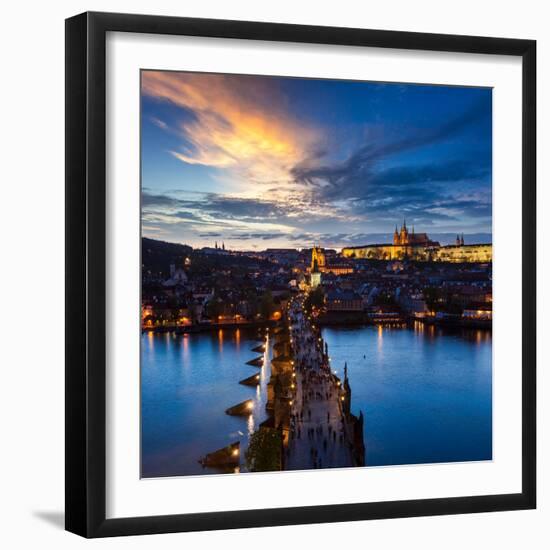 Night Aerial View of Prague Castle and Charles Bridge over Vltava River in Prague, Czech Republic.-f9photos-Framed Photographic Print