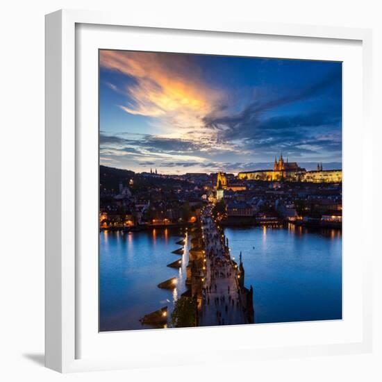 Night Aerial View of Prague Castle and Charles Bridge over Vltava River in Prague, Czech Republic.-f9photos-Framed Photographic Print