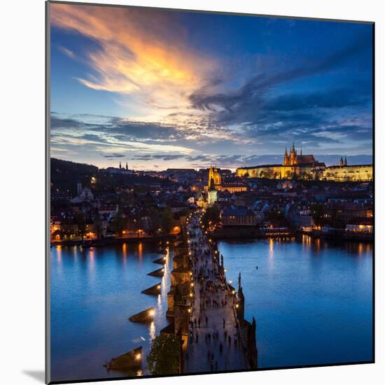 Night Aerial View of Prague Castle and Charles Bridge over Vltava River in Prague, Czech Republic.-f9photos-Mounted Photographic Print