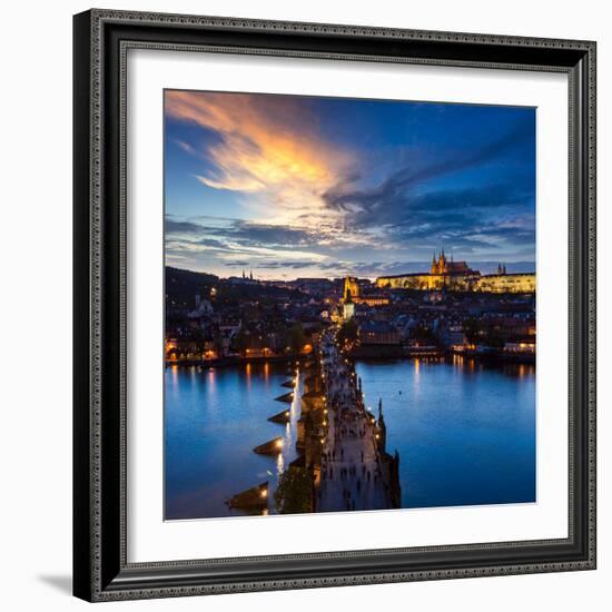 Night Aerial View of Prague Castle and Charles Bridge over Vltava River in Prague, Czech Republic.-f9photos-Framed Photographic Print