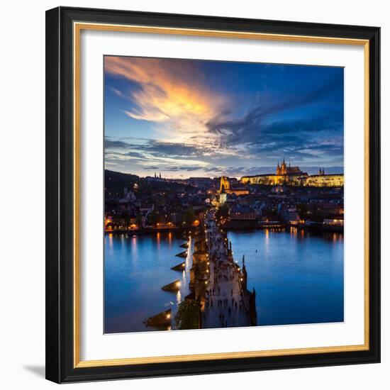 Night Aerial View of Prague Castle and Charles Bridge over Vltava River in Prague, Czech Republic.-f9photos-Framed Photographic Print