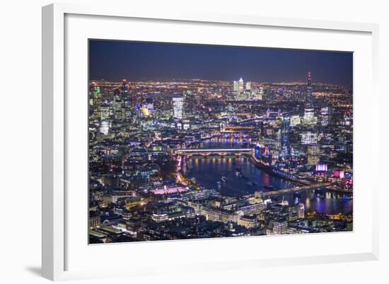 Night Aerial View over River Thames, City of London, the Shard and Canary Wharf, London, England-Jon Arnold-Framed Photographic Print