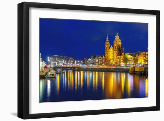 Night Amsterdam Canal and Basilica Saint Nichola-kavalenkava volha-Framed Photographic Print