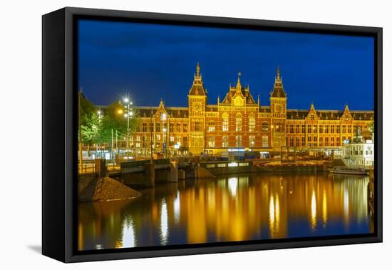 Night Amsterdam Canal and Centraal Station-kavalenkava volha-Framed Premier Image Canvas