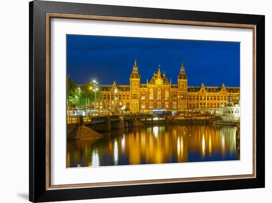 Night Amsterdam Canal and Centraal Station-kavalenkava volha-Framed Photographic Print