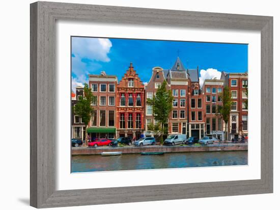 Night Amsterdam Canal with Dutch Houses-kavalenkava volha-Framed Photographic Print