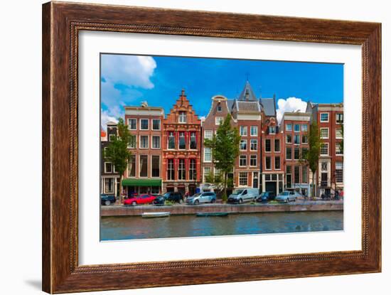 Night Amsterdam Canal with Dutch Houses-kavalenkava volha-Framed Photographic Print