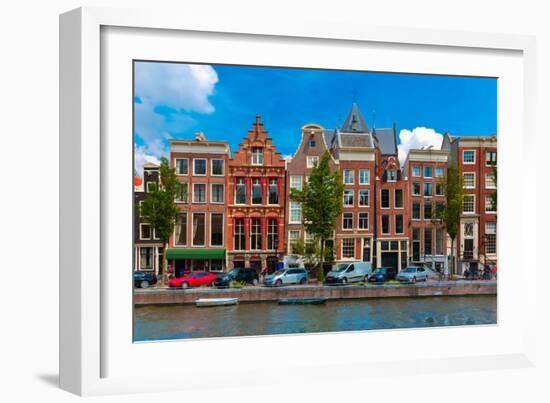 Night Amsterdam Canal with Dutch Houses-kavalenkava volha-Framed Photographic Print