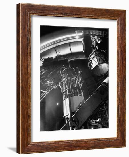 Night Assistant Climbing Down Side of 100-Inch Telescope at Mount Wilson Observatory-Margaret Bourke-White-Framed Photographic Print