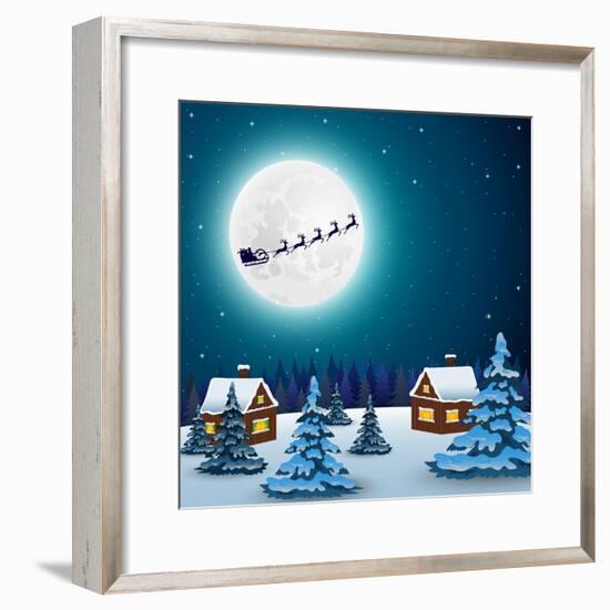 Night Christmas Forest Landscape. Santa Claus Flies Reindeer In-Paola Crash-Framed Premium Giclee Print