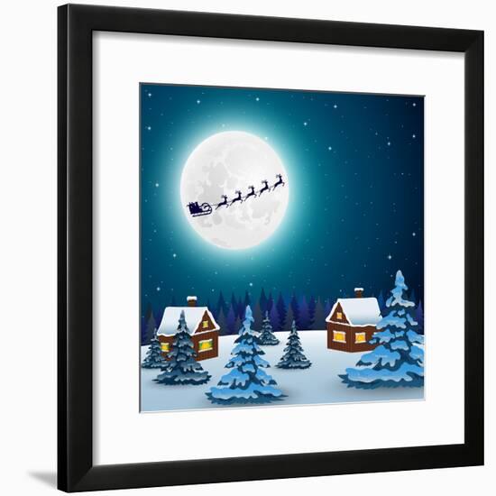 Night Christmas Forest Landscape. Santa Claus Flies Reindeer In-Paola Crash-Framed Premium Giclee Print