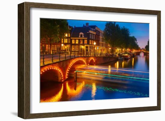 Night City View of Amsterdam Canal and Bridge-kavalenkava volha-Framed Photographic Print