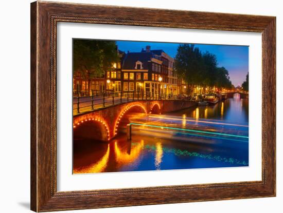 Night City View of Amsterdam Canal and Bridge-kavalenkava volha-Framed Photographic Print