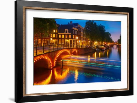 Night City View of Amsterdam Canal and Bridge-kavalenkava volha-Framed Photographic Print