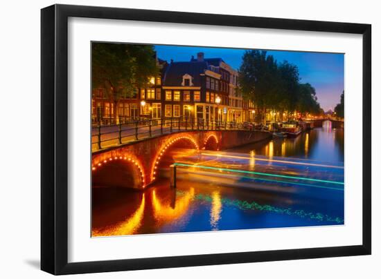 Night City View of Amsterdam Canal and Bridge-kavalenkava volha-Framed Photographic Print