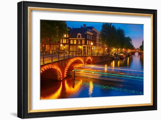 Night City View of Amsterdam Canal and Bridge-kavalenkava volha-Framed Photographic Print