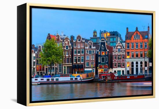 Night City View of Amsterdam Canal with Dutch Houses-kavalenkava volha-Framed Premier Image Canvas