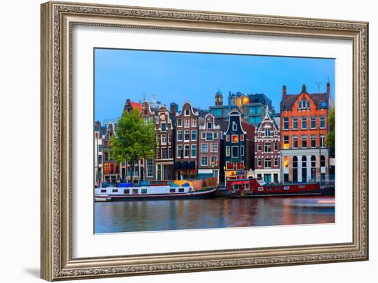 Night City View of Amsterdam Canal with Dutch Houses-kavalenkava volha-Framed Photographic Print