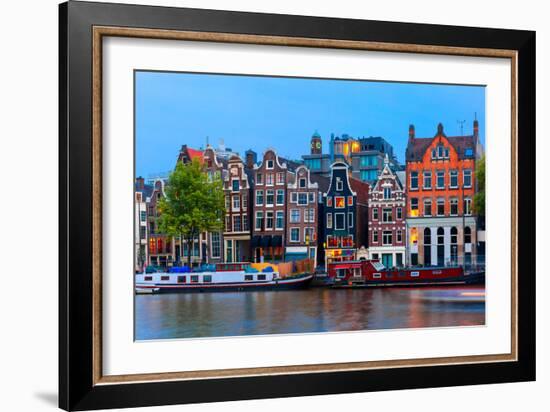 Night City View of Amsterdam Canal with Dutch Houses-kavalenkava volha-Framed Photographic Print