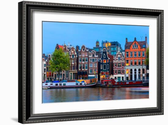 Night City View of Amsterdam Canal with Dutch Houses-kavalenkava volha-Framed Photographic Print