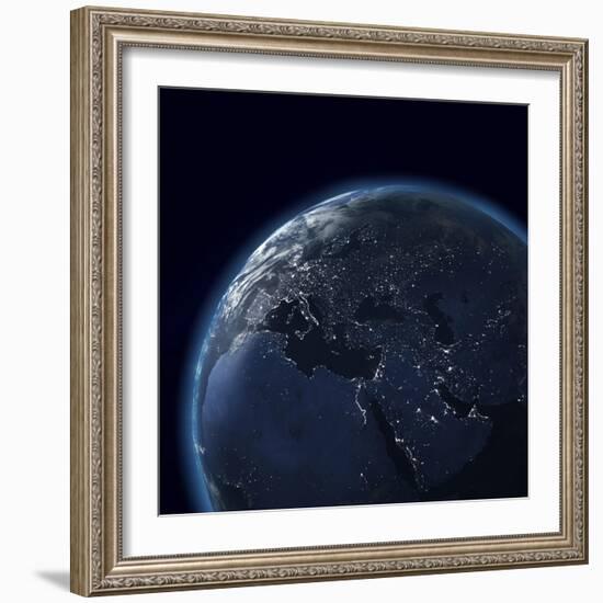 Night Globe With City Lights, Detailed Map Of Asia, Europe, Africa, Arabia-Mike_Kiev-Framed Art Print