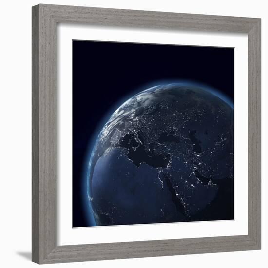 Night Globe With City Lights, Detailed Map Of Asia, Europe, Africa, Arabia-Mike_Kiev-Framed Art Print