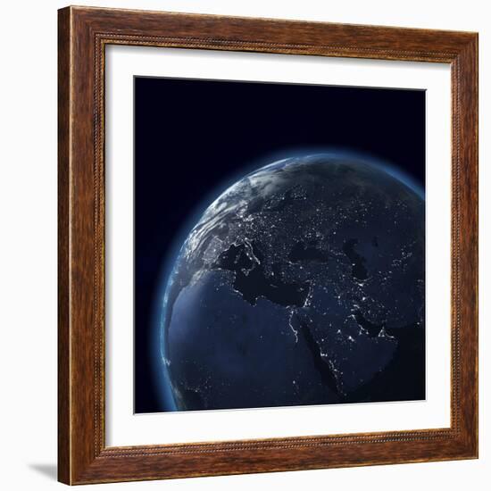 Night Globe With City Lights, Detailed Map Of Asia, Europe, Africa, Arabia-Mike_Kiev-Framed Art Print