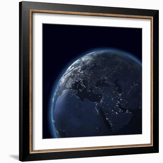 Night Globe With City Lights, Detailed Map Of Asia, Europe, Africa, Arabia-Mike_Kiev-Framed Art Print