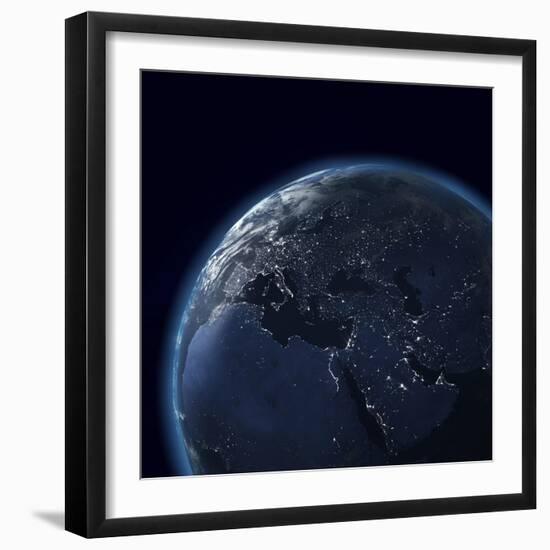 Night Globe With City Lights, Detailed Map Of Asia, Europe, Africa, Arabia-Mike_Kiev-Framed Art Print