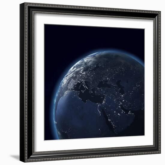 Night Globe With City Lights, Detailed Map Of Asia, Europe, Africa, Arabia-Mike_Kiev-Framed Art Print