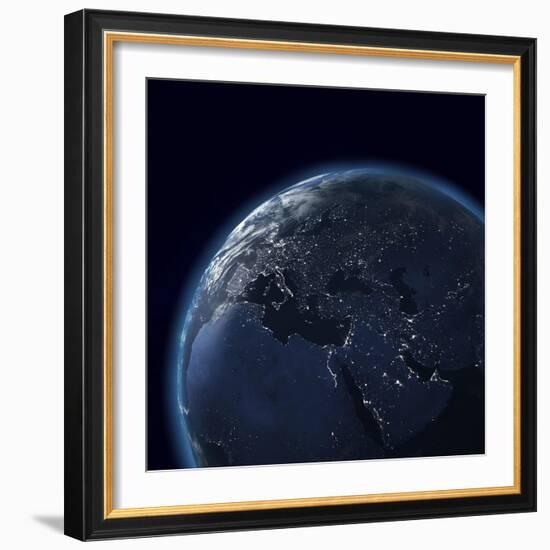 Night Globe With City Lights, Detailed Map Of Asia, Europe, Africa, Arabia-Mike_Kiev-Framed Art Print