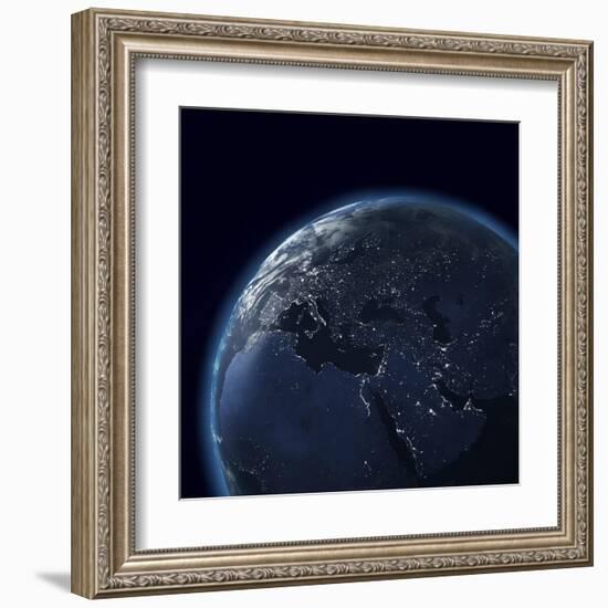 Night Globe With City Lights, Detailed Map Of Asia, Europe, Africa, Arabia-Mike_Kiev-Framed Art Print