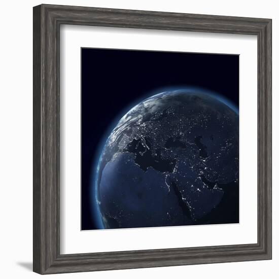 Night Globe With City Lights, Detailed Map Of Asia, Europe, Africa, Arabia-Mike_Kiev-Framed Art Print