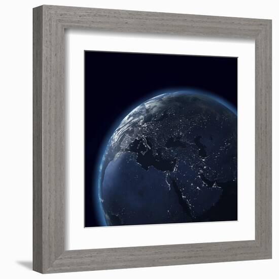 Night Globe With City Lights, Detailed Map Of Asia, Europe, Africa, Arabia-Mike_Kiev-Framed Art Print